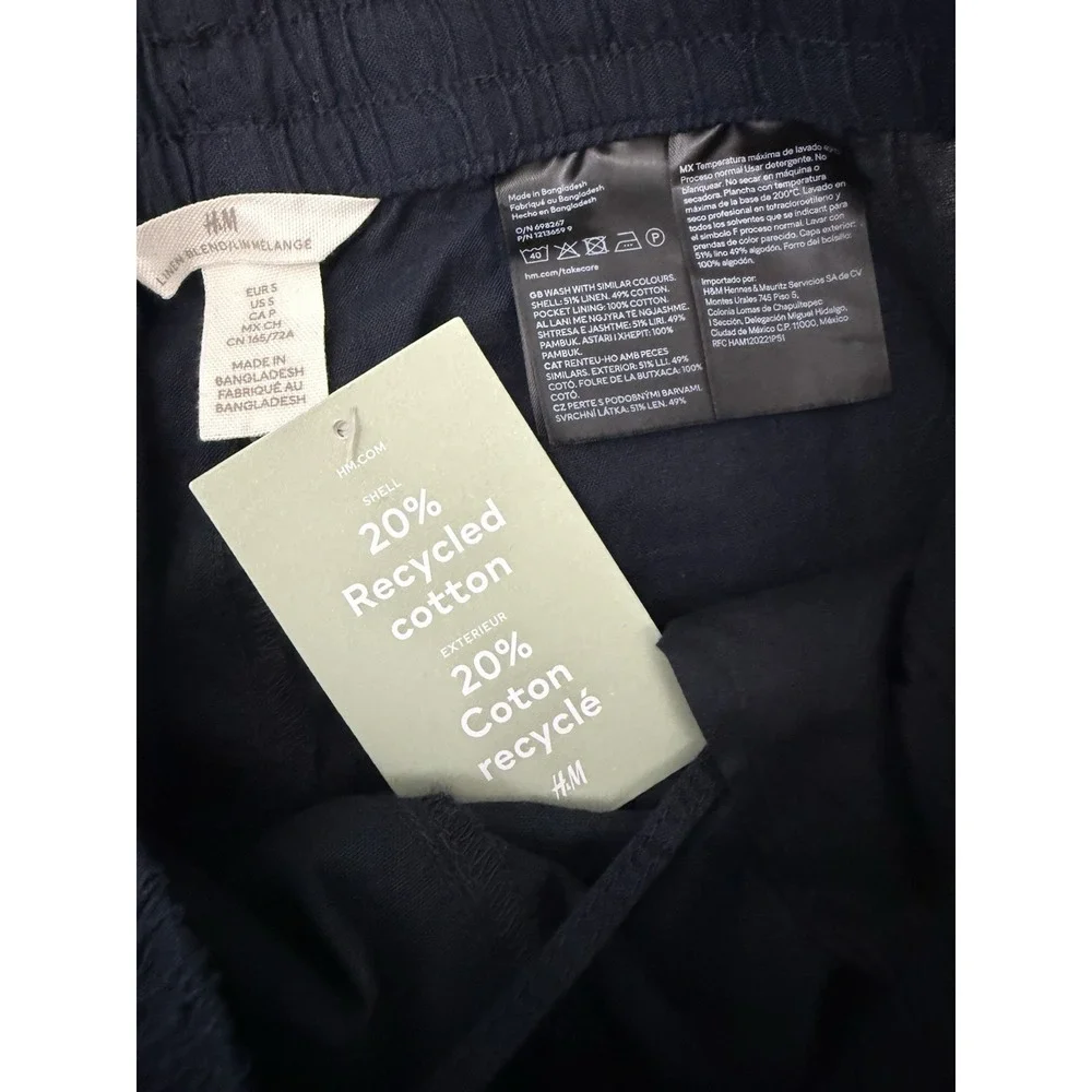 H&M NEW Linen Blend Navy Blue PANTS Small Tapered Casual Pull On Minimalist NWT